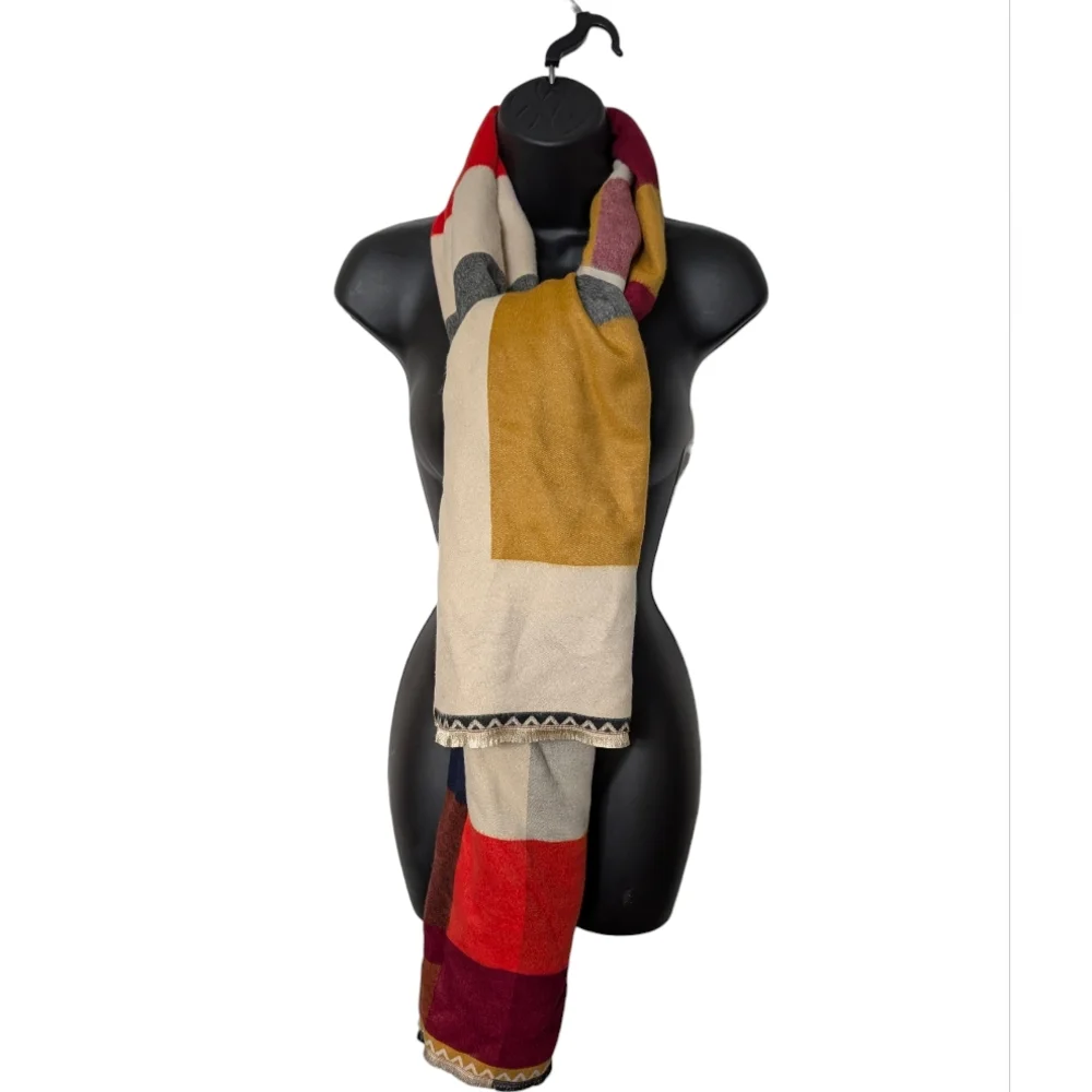 Colorful Block Pattern Mulberry Silk And Fine‎ Wool Scarf